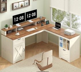 63" Farmhouse L Shaped Computer Desk with File Drawer for Home Office
