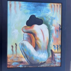 Modern Abstract Nude Woman Painting 27x23 Canvas Signed Framed Wall Art