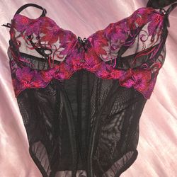 Y2k embroidered lace lingerie bodysuit with attached garter straps top