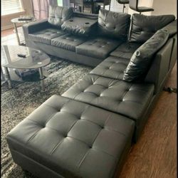 Heights Black Faux Leather Reversible Sectional with Storage Ottoman Happy Homes 999