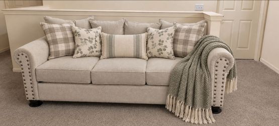 Beige 3-Seat Sofa with Nailhead Trim