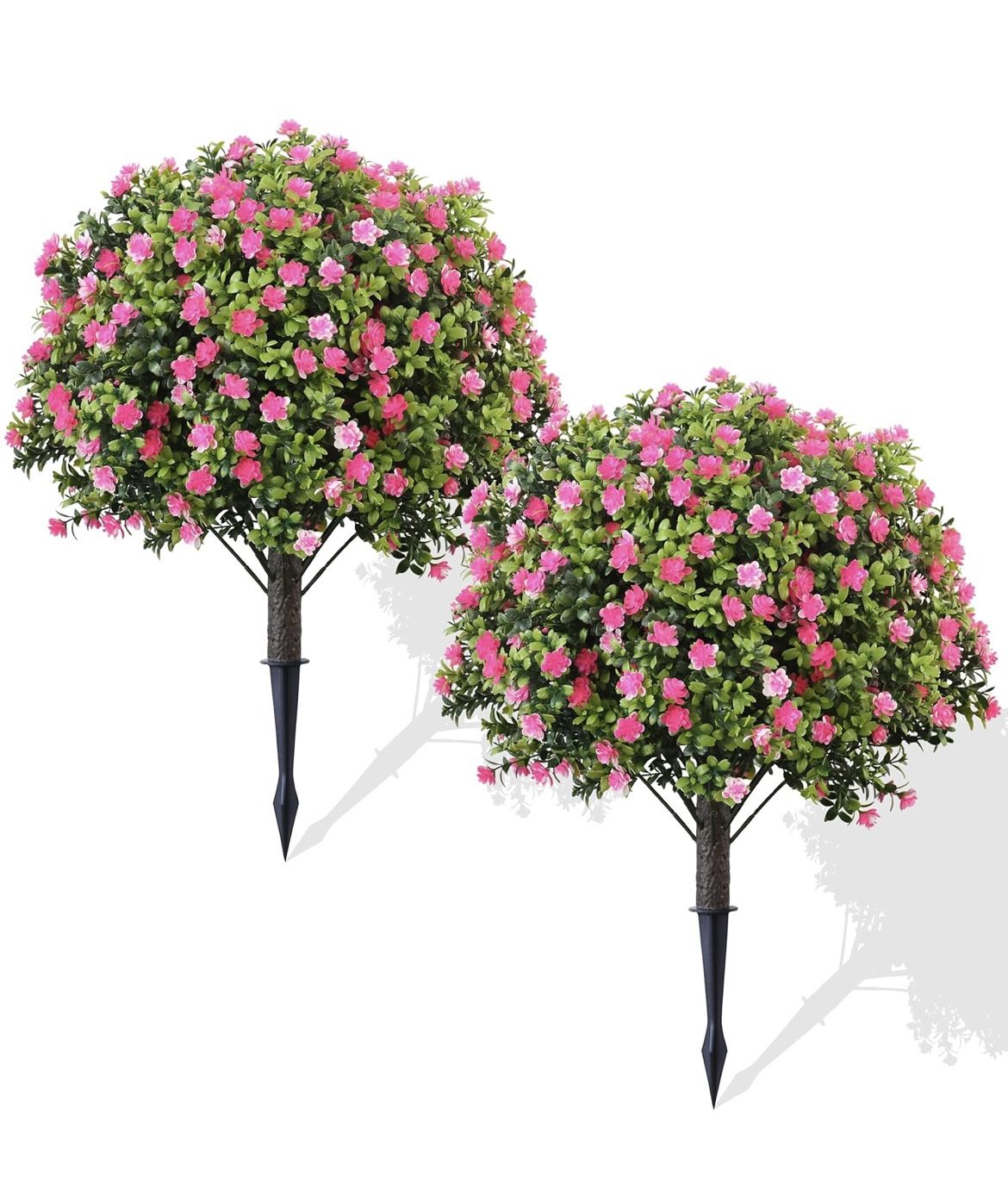 Artificial Topiary Trees with Pink Flowers, 2 Set of 27 Inches High,UV Resistance, Fake Flower with Ground Spike, Weather Resistant 🆕✅•Retails $79.99