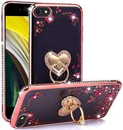 New iPhone SE 2020 Case/iPhone 8 Case/iPhone 7 Case, Glitter Crystal Heart Floral Series - Slim Luxury Bling Rhinestone Clear TPU Case with Ring Stan