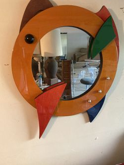 Postmodern Memphis Style Abstract Mirror With Matching Round End Table