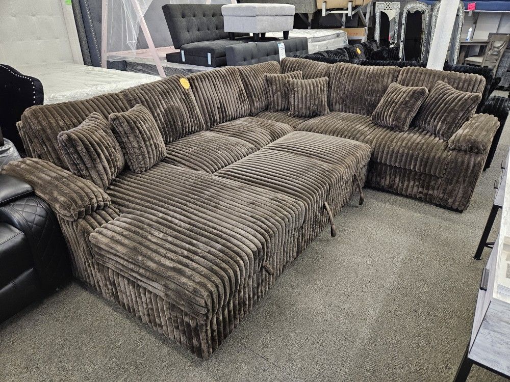 Brand New Sectional Pull Out Bed Storage Chaise Brown Corduroy $1299