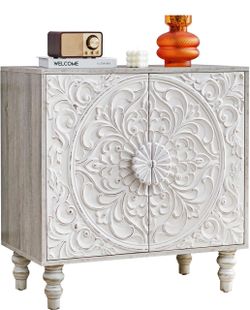 Boho Accent Cabinet with Carved Floral Doors