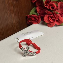 Silver hammered across Bracelet with Red Band