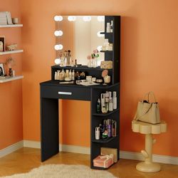 Black Vanity Mirror with Lights with Large Drawer and 6 Level Storage