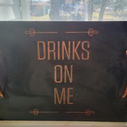 Pier 1 Black Slate "Drinks On Me" Serving Platter Copper Handles 16”