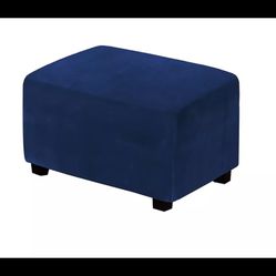 One Piece Large Removable Stretch Velvet Fabric Ottoman Slipcover in Dark Blue