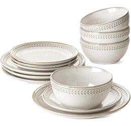 LE TAUCI Plates and Bowls Sets for 4, 12 Piece Ceramic Dinnerware Sets - B257