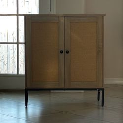 Rattan Style Storage Cabinet with Shelves – Modern Wooden Accent Cabinet