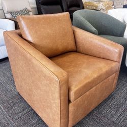 Steele Swivel Accent Chair, Camel Faux Leather, New  