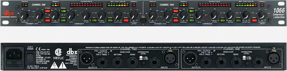 dbx 1066  dual-channel compressor/limiter/gate. It is widely used in live sound and recording studios to control dynamic range, tame transients, and c