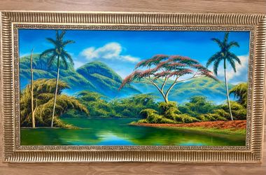 Large Tropical Landscape Wall Art with Ornate Gold Frame – 44” x 22”