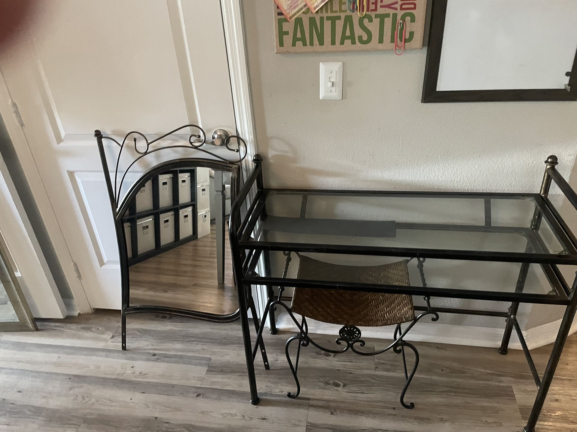 Makeup Table With Two Layers Of Glass Shelves, Matching Mirror