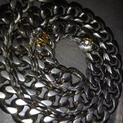 Real Silver Cuban Link Chain And Diamond Stud Earrings Bundle For Sale