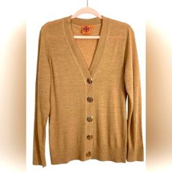 Tory Burch Designer Heather Tan Merino Wool Cardigan Large Gold Buttons Size M