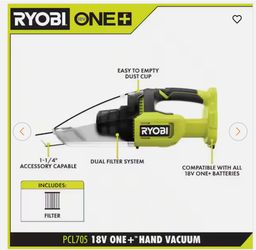 RYOBI ONE+ PCL705K 18V Cordless Multi-Surface Handheld Vacuum Cleaner