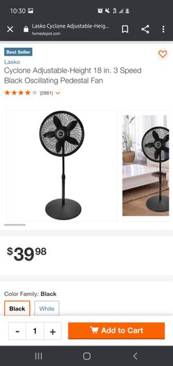 Lasko

Cyclone Adjustable-Height 18 in. 3 Speed Black Oscillating Pedestal Fan


