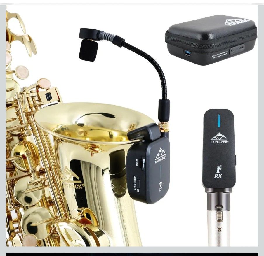 EASTROCK Saxophone Wireless System,Coverage to 130 ft/40 m,2.4 GHz Sax Microphone Wireless Receiver Transmitter Charging Case,Suitable for Recording/M
