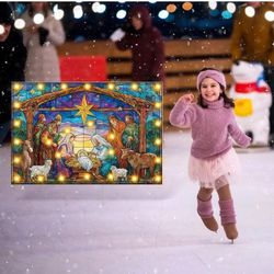 16 x 24 Inch Lighted Glass Nativity Sign Jesus is The Reason for The Season Sign Nativity Scene Jesus Christmas Decorations with Stake for Outdoor Xma