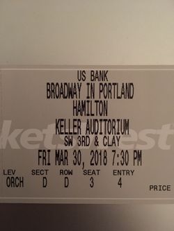 Hamilton 4th row from front, 3/30 FRIDAY, Orchestra D, sec D, row D, seat 3