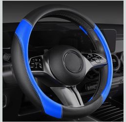 CAR PASS Faux Leather Steering Wheel Cover(Black＆Blue