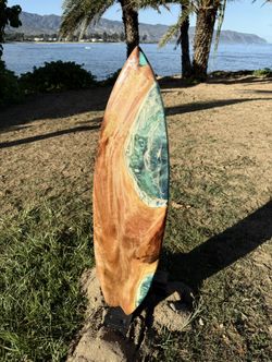 Surfboard Art, Hawaiian Kamani Wood 38 Inches Ocean Epoxy