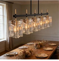 5-Light Rectangular Dining Room Light Fixture 42"L Black and Gold Glass Linear Chandeliers for Dining Room Over Table, Farmhouse Kitchen Island Pendan