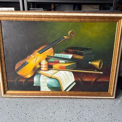 🎻 Large Framed Violin Still Life Painting – 41” x 29.5”