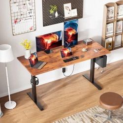 New-Electric Standing Desk 55", Ergonomic Computer Desk with Memory Preset, Height Adjustable Sit Stand Desk with Hooks & Storage, Rustic