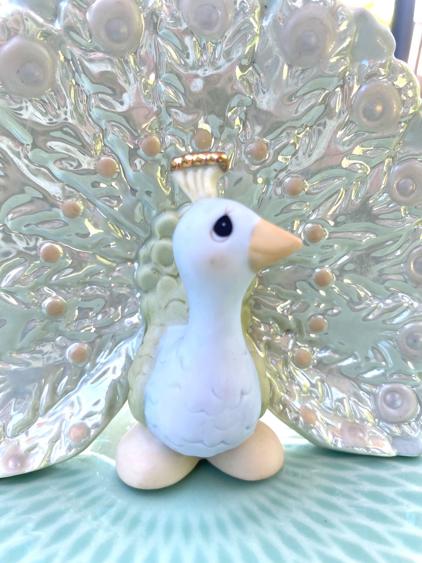 Sweet Iridescent Peacock Figurine Enesco 2000 - 5” wide by 4” tall