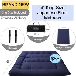 Brand New 4” King Japanese Floor Mattress Futon Mattress, Thicken Tatami Mat Sleeping Pad Foldable Roll Up Mattress Boys Girls Dormitory Mattress Pad 
