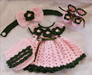 Crochet Baby Girl Pink and Dark Sage Headband Heirloom Dress Set Photo Prop Shipping Available