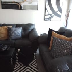 Smoke Grey And Leather Loveseat And Sofa