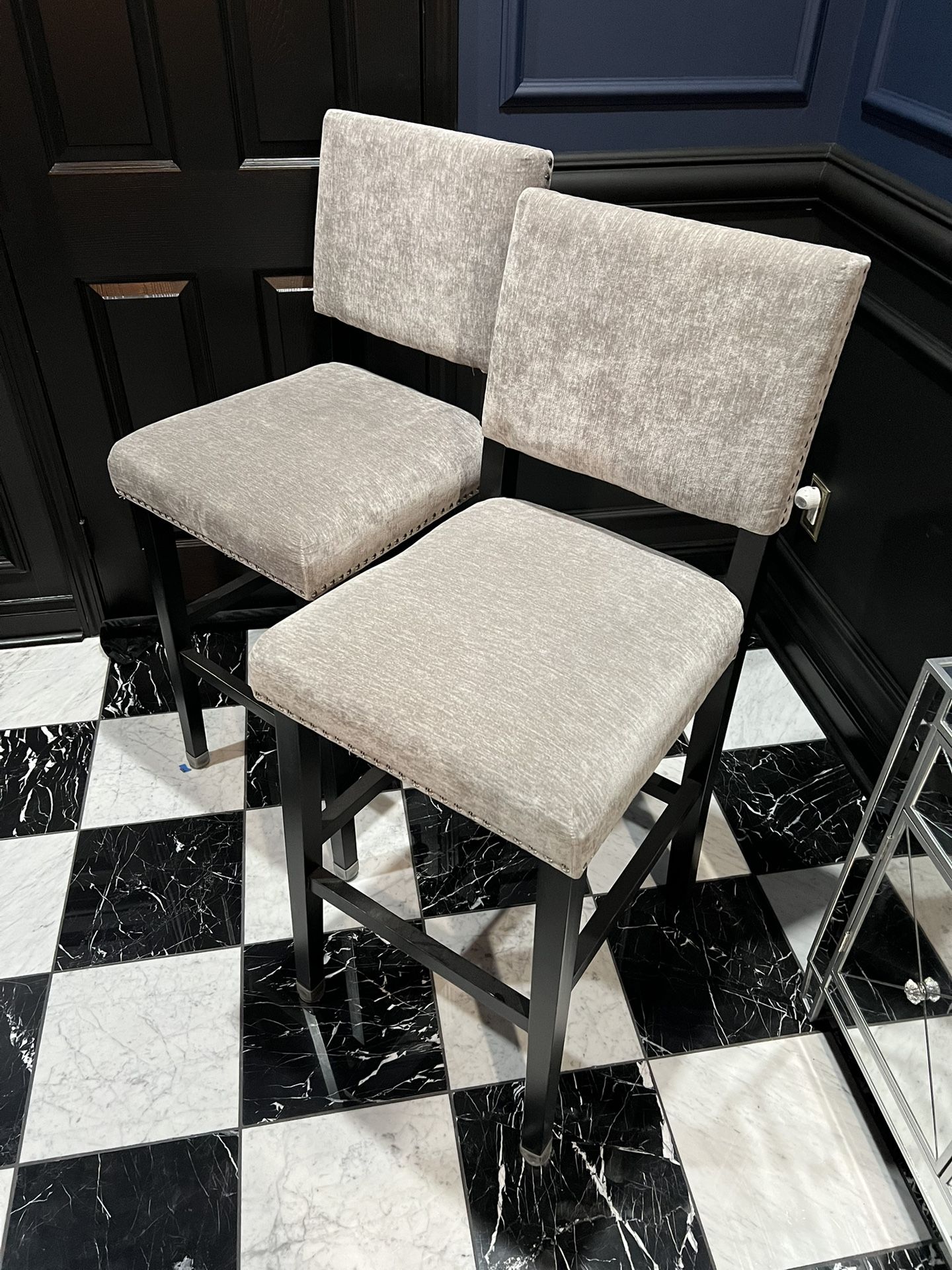 2 Gray Velvet Tall Bar Stools