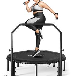 450LBS Foldable Mini Trampoline, 48" Fitness Trampoline with Bungees, U/T Shape Adjustable Foam Handle, Stable & Quiet Exercise Rebo