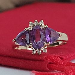 ❤️14k Size 6 Amazing Solid Yellow Gold Amethyst and Genuine Diamond Ring!/ Anillo de Oro con Amatistas y Diamante! 👌🎁Post Tags: Anillo de Oro