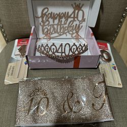 Happy 40th Birthday Set: Crown, Sash, Candles, Sticker Rose Gold Color