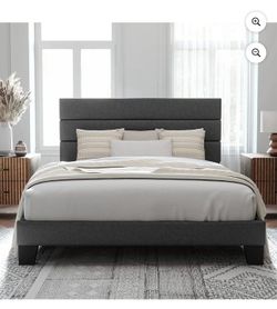 O107 Queen Size Platform Bed Frame with Fabric Upholstered Headboard and Wooden Slats Support, Fully Upholstered Mattress Foundation/No Box Spri