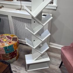 White Tree Bookshelf | Modern Narrow Floor Shelf with Storage Cubby