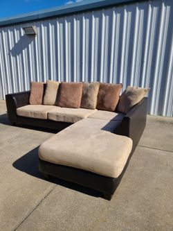 2-Piece Sectional Sofa in Brown Leather and Tan Microfiber (116"x 89") Pet/Smoke Free (Can Deliver)