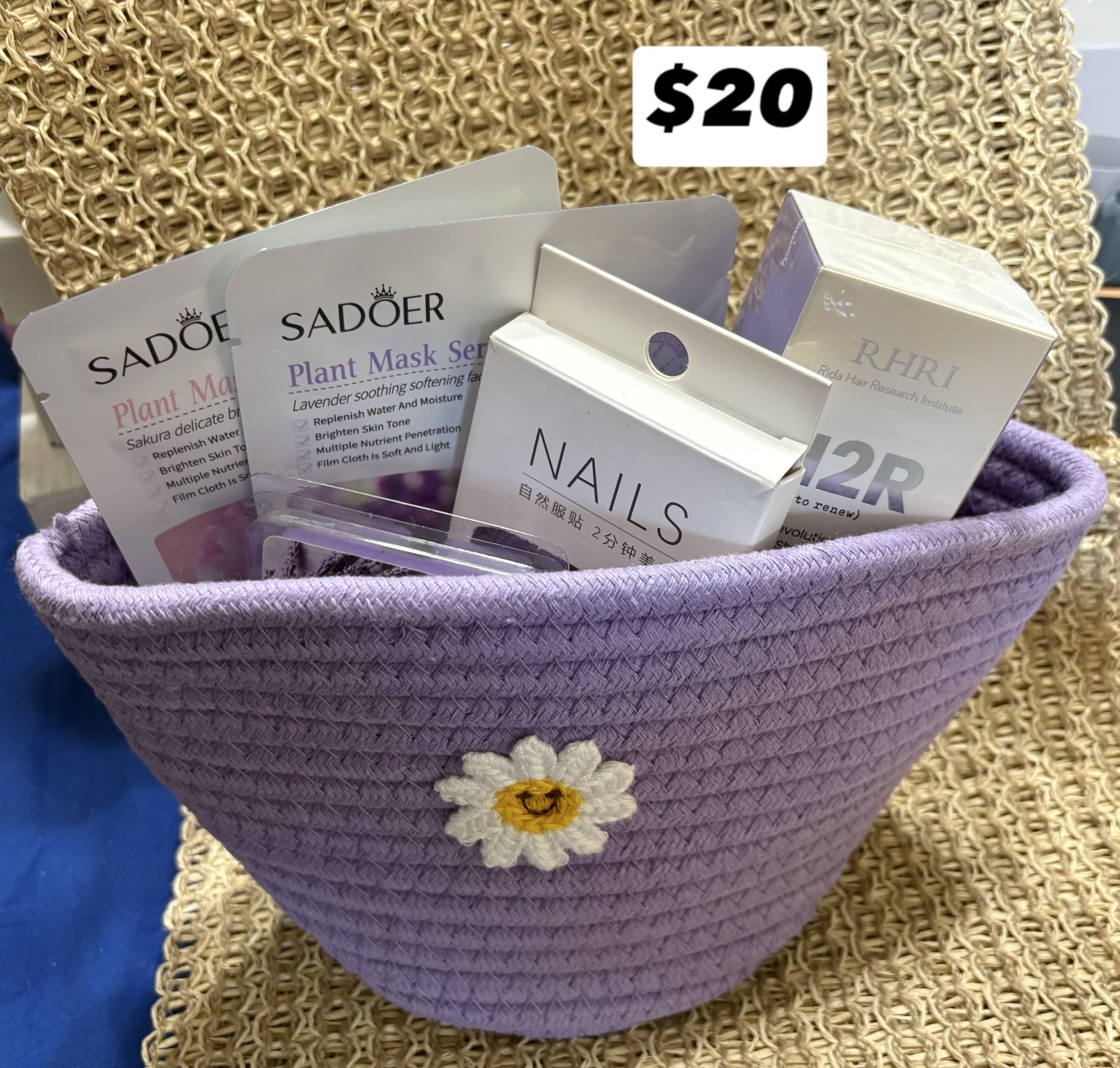 Purple Basket With 2 face masks, wild lavender and linen wax cubes, purple press on nails and H2R Aircleanse Dry Shampoo.