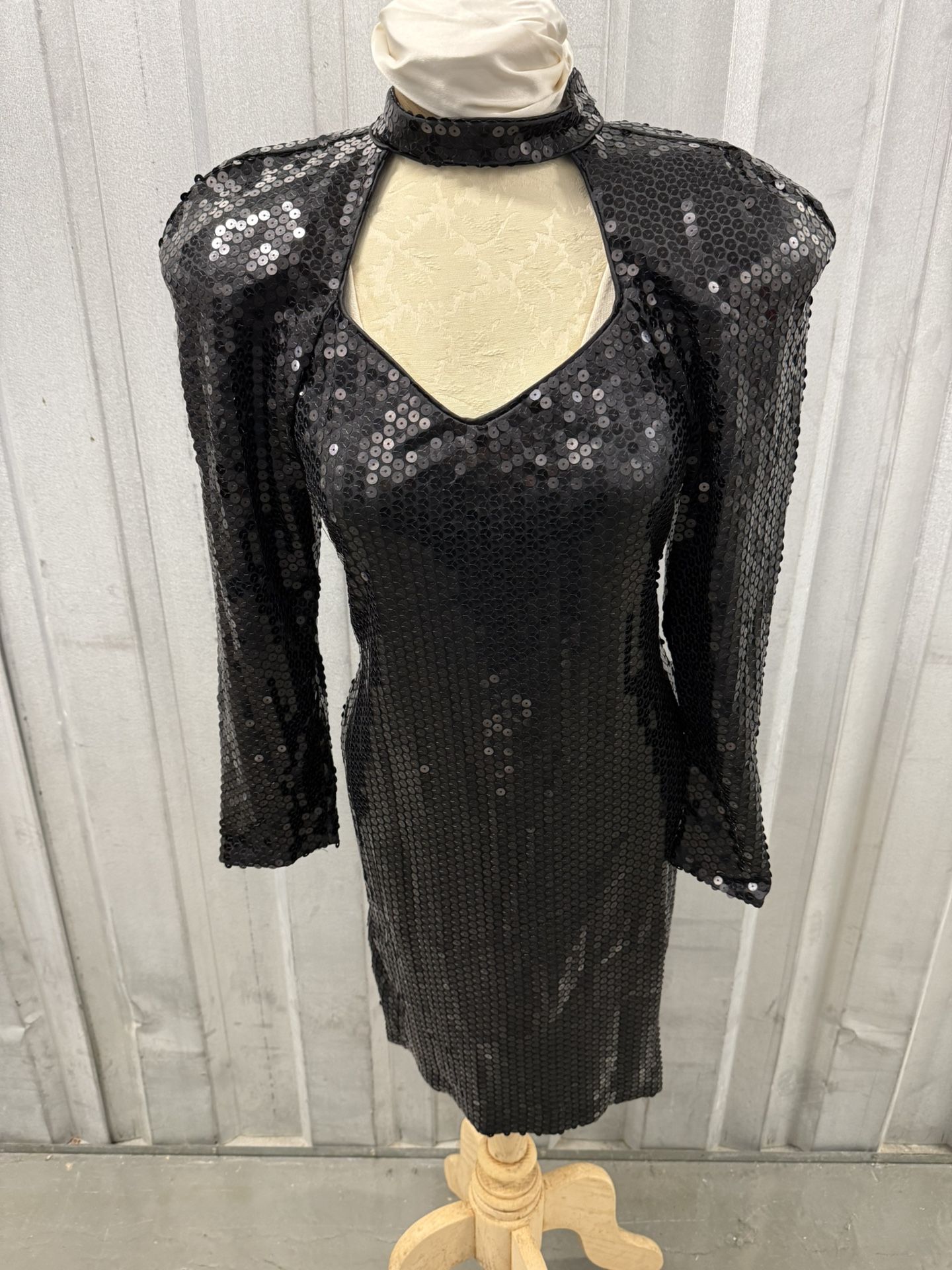 Vintage 80's Black Long Sleeve Dress with Elegant Sequins