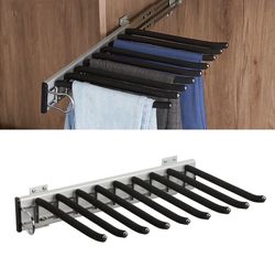 Pull Out Trousers Rack 9 Arms, Black, Left Side Installation Retractable Closet Pants Hanger, Side Mounted, Space Saving Trouser Hanger Rack