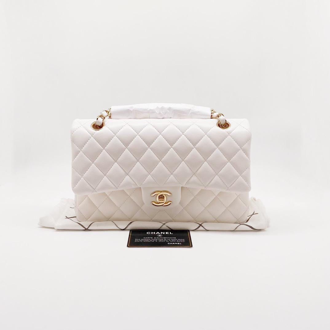 Chanel Classic Flap Bag in White Lambskin Medium GHW Full Set