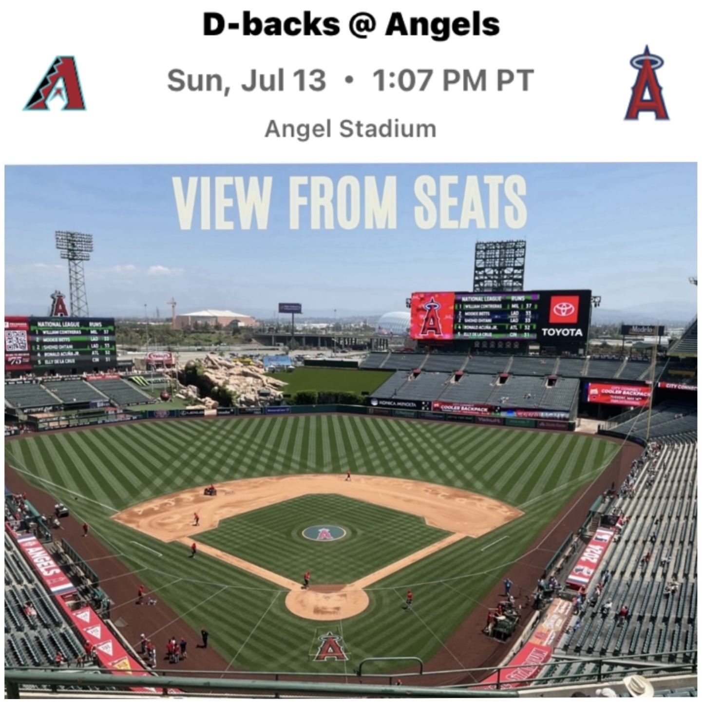 2 LA Angels Baseball tickets + parking vs AZ Diamondbacks Sunday July 13, 2025