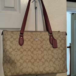 New Coach Purse Khaki/Raspberry Tote With Matching Wallet 