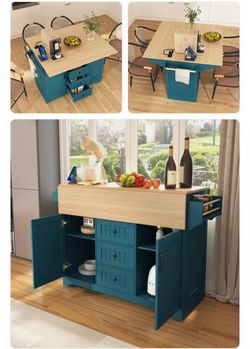 Teal Kitchen Island with Expandable Top